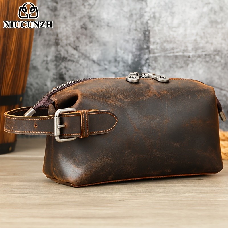 NIUCUNZH Mens Vintage Multi-functional Genuine Leather Toiletry Bag Stylish and Spacious for Travel, Grooming, and Everyday Essentials