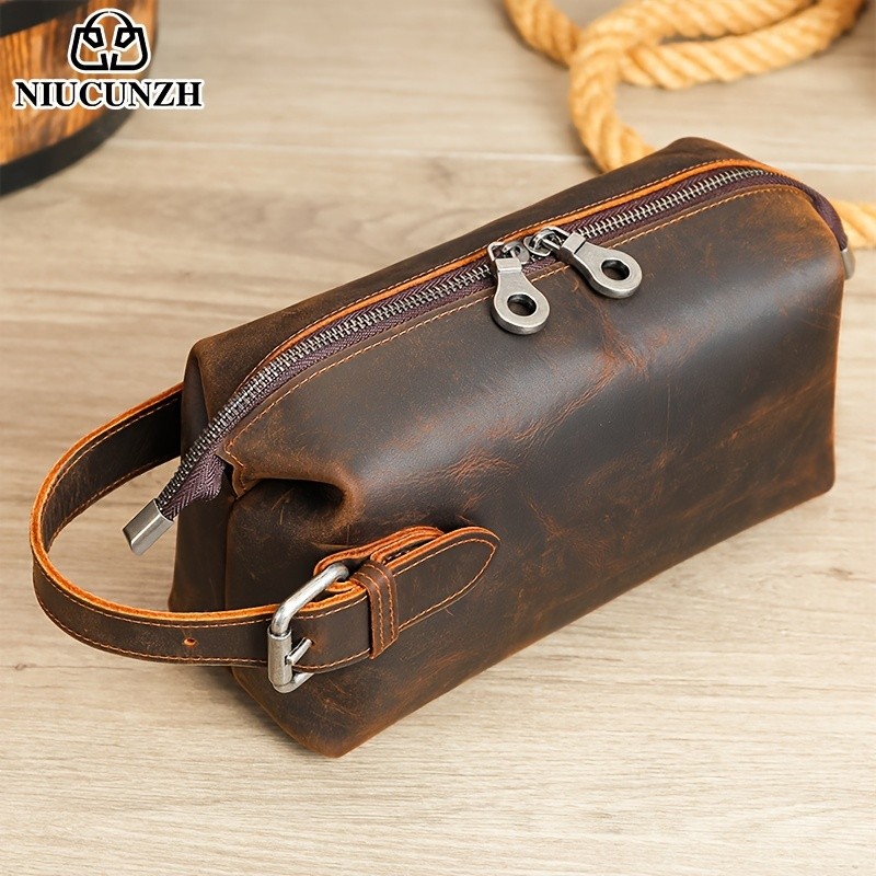 NIUCUNZH Mens Vintage Multi-functional Genuine Leather Toiletry Bag Stylish and Spacious for Travel, Grooming, and Everyday Essentials
