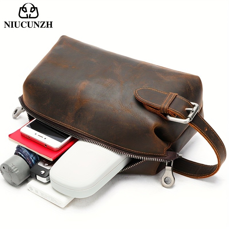 NIUCUNZH Mens Vintage Multi-functional Genuine Leather Toiletry Bag Stylish and Spacious for Travel, Grooming, and Everyday Essentials
