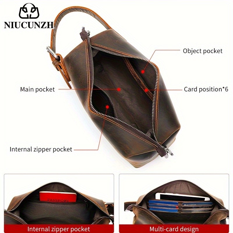NIUCUNZH Mens Vintage Multi-functional Genuine Leather Toiletry Bag Stylish and Spacious for Travel, Grooming, and Everyday Essentials