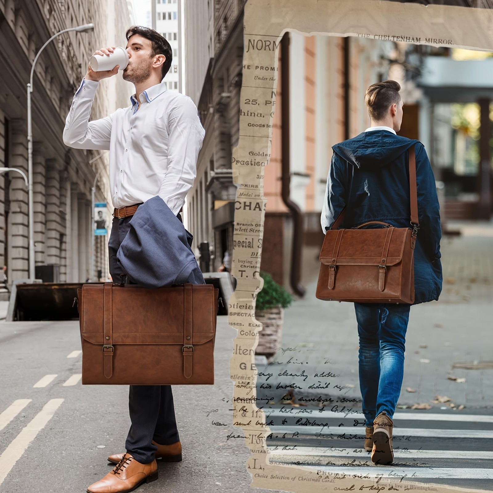 IGOLUMON Mens Crossbody Bag Vintage Style Faux Leather Laptop Briefcase for Business, Travel, and College Use