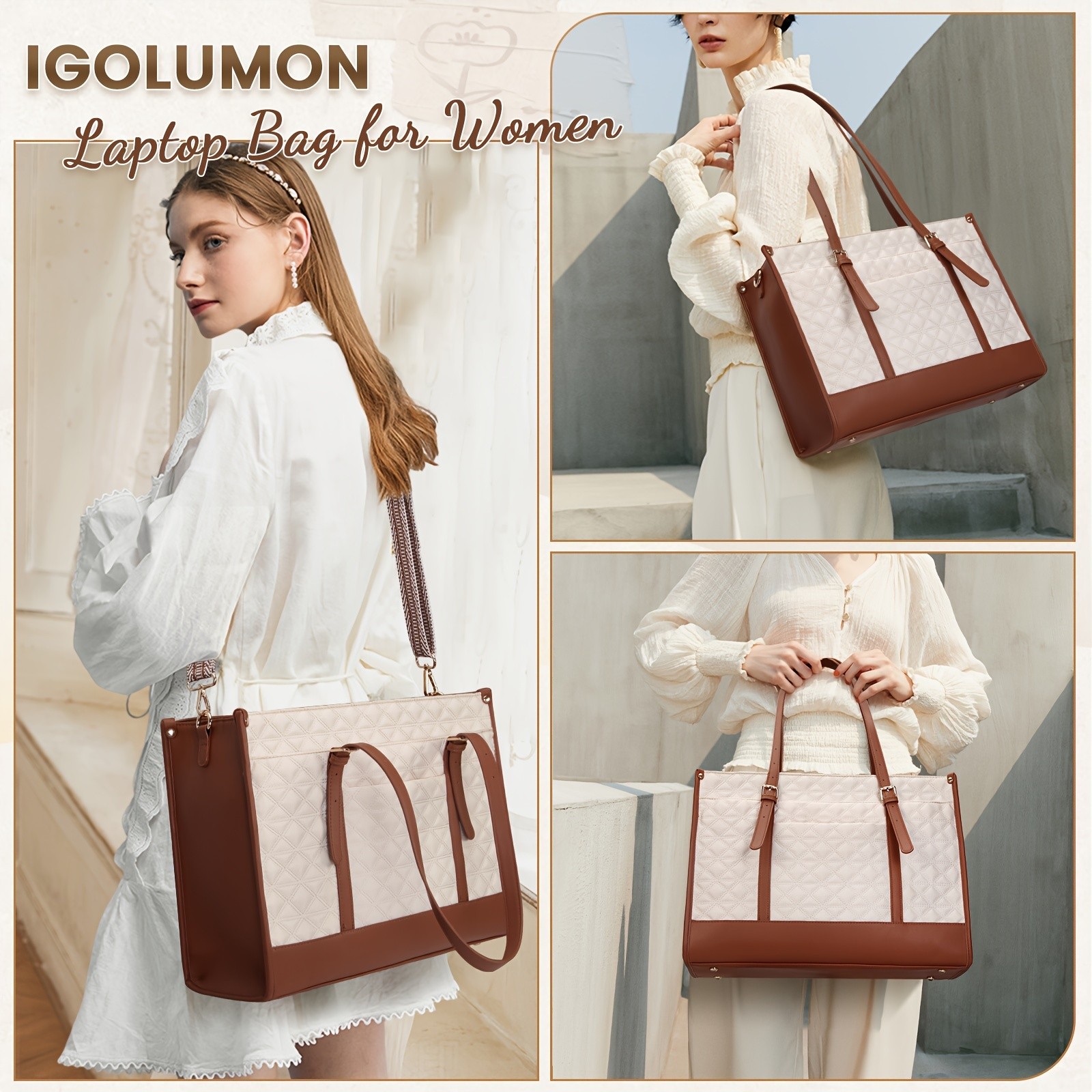 IGOLUMON Womens 39.62 cm Vegan PU Leather Laptop Tote Bag Stylish, TSA-Compliant, and Perfect for Work, College, and Travel