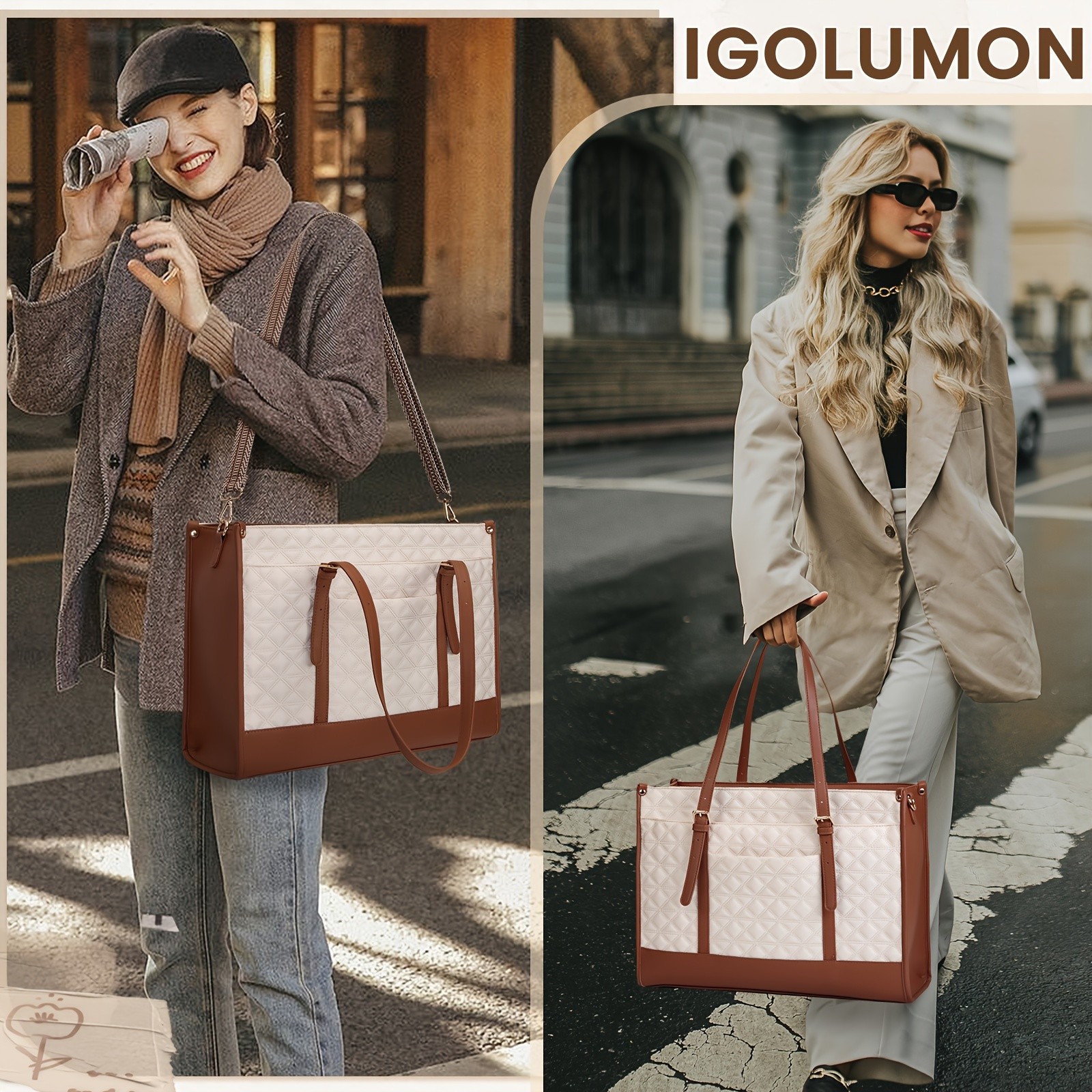 IGOLUMON Womens 39.62 cm Vegan PU Leather Laptop Tote Bag Stylish, TSA-Compliant, and Perfect for Work, College, and Travel