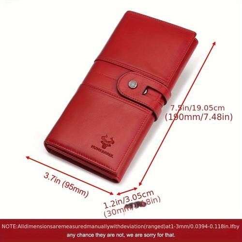 HUMERPAUL Women's Genuine Leather Wallet Stylish Red Long Clutch with Multiple Card Slots and Zipper Pocket
