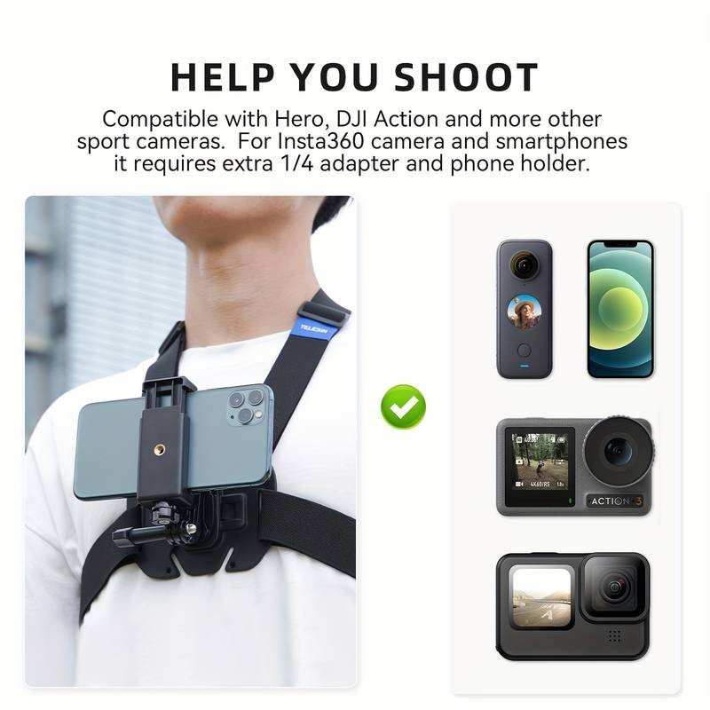 TELESIN Action Camera Chest Harness Adjustable Strap for Insta360 X2/X3 & DJI Osmo 3 Sturdy, Hands-Free Mount for Outdoor Adventures