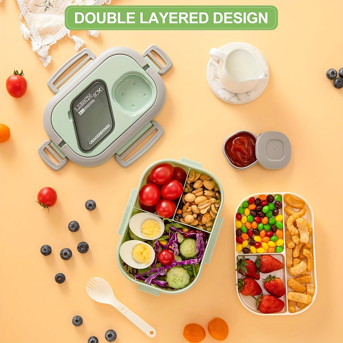 HEART LEAF Modern Bento Lunch Box with Cutlery Set
