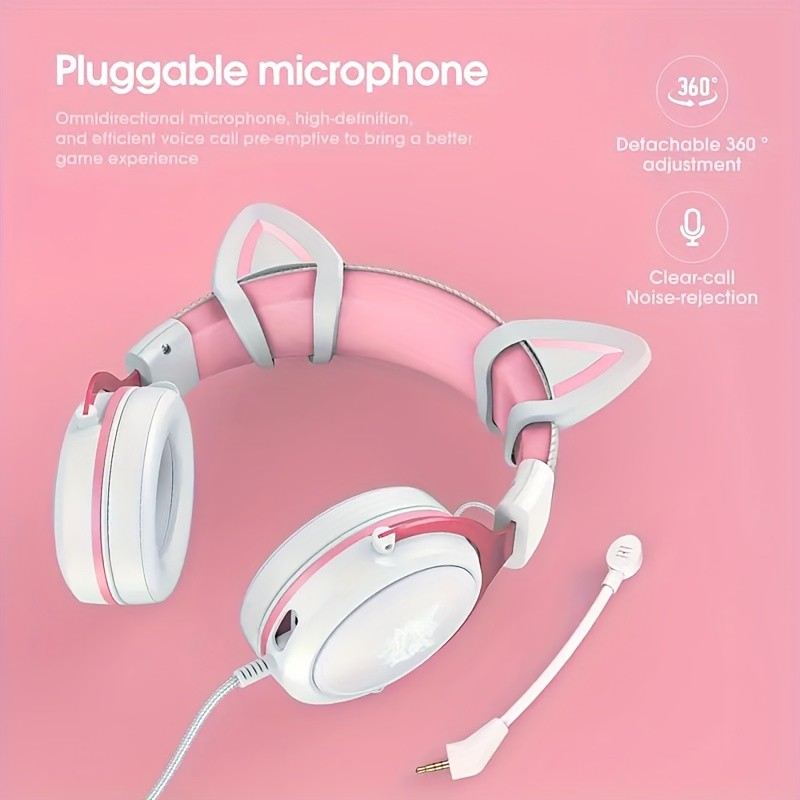 ONIKUMA 3.5mm Wired Gaming Headset Panoramic Sound, Detachable Cat Ear Decor, and RGB Lighting
