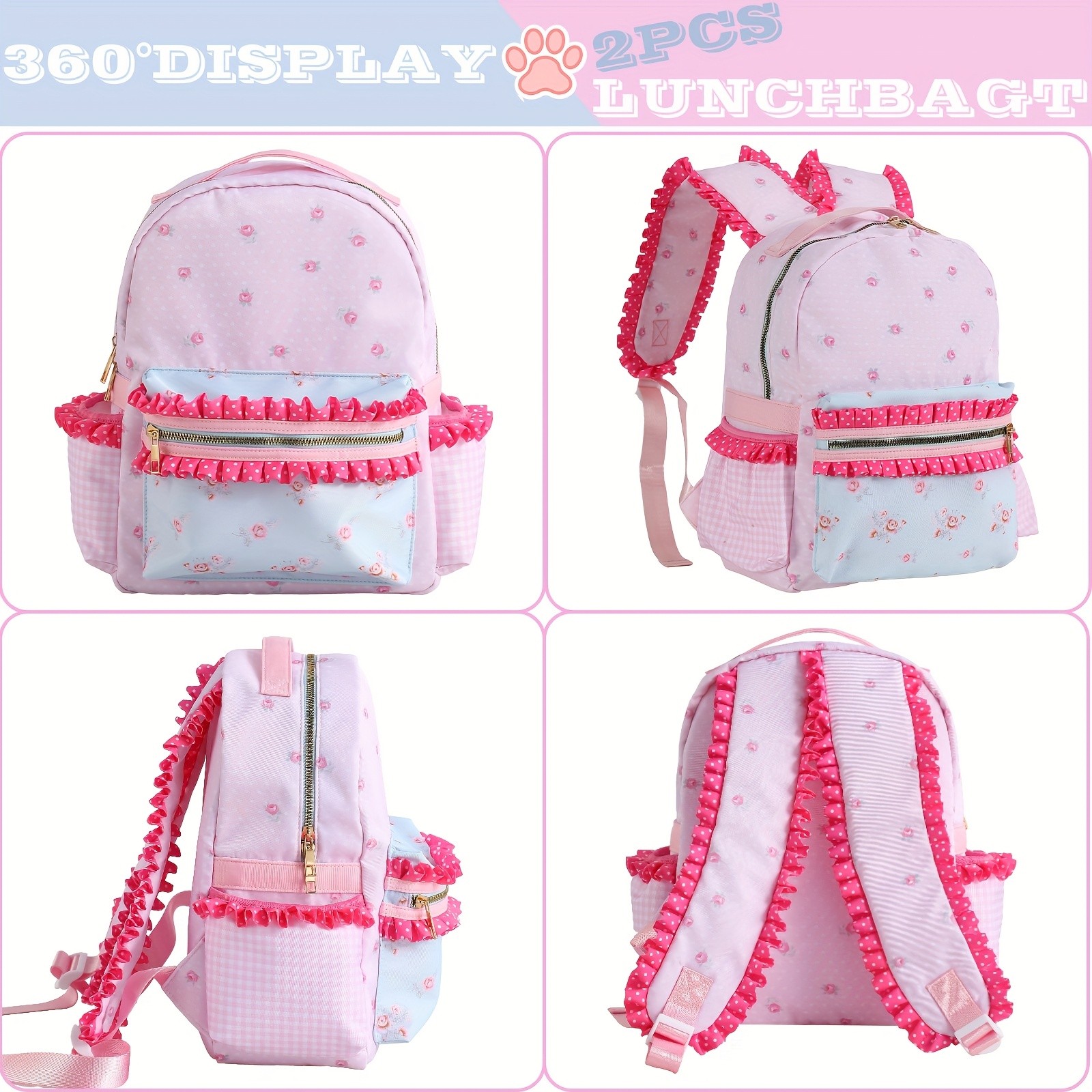 DANCURKEY Cute Pink and White Polka Dot Rose Lunch Bag with Bow Accent