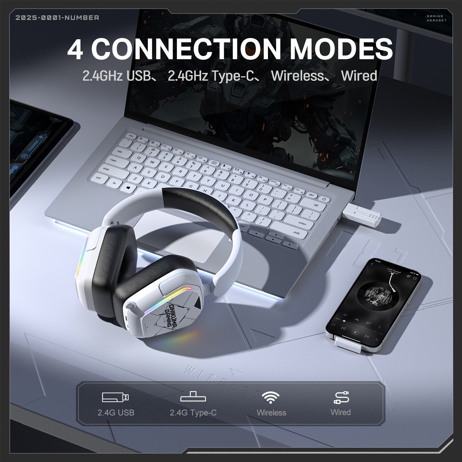 ONIKUMA Ultra-Lightweight Wireless Headset 7.1 Surround Sound, RGB Lighting, Retractable Noise-Canceling Mic