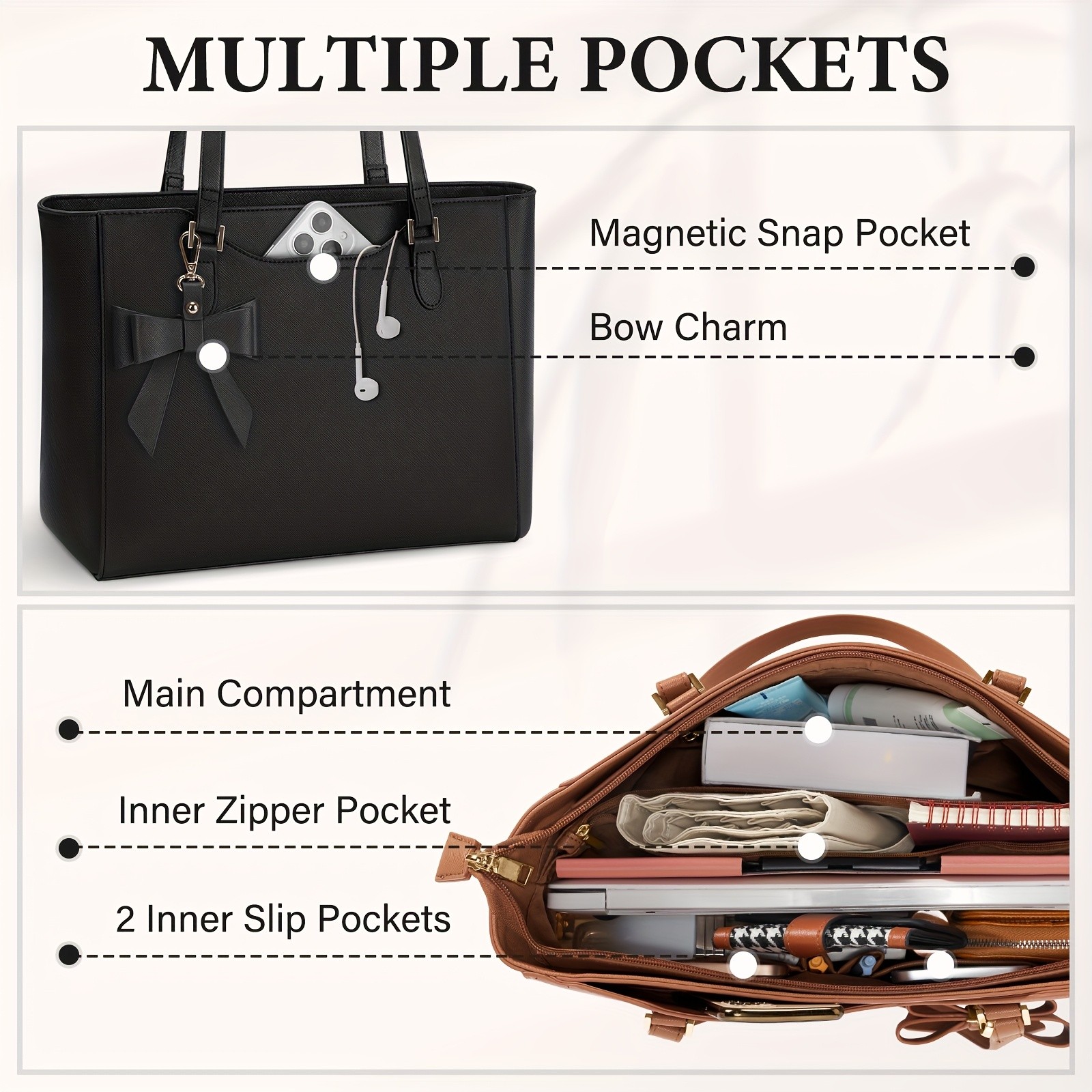 KTMOUW Womens Handbag Large Capacity PU Leather Tote Bag, Zippered Shoulder Bag for School, Work, Travel, and Shopping