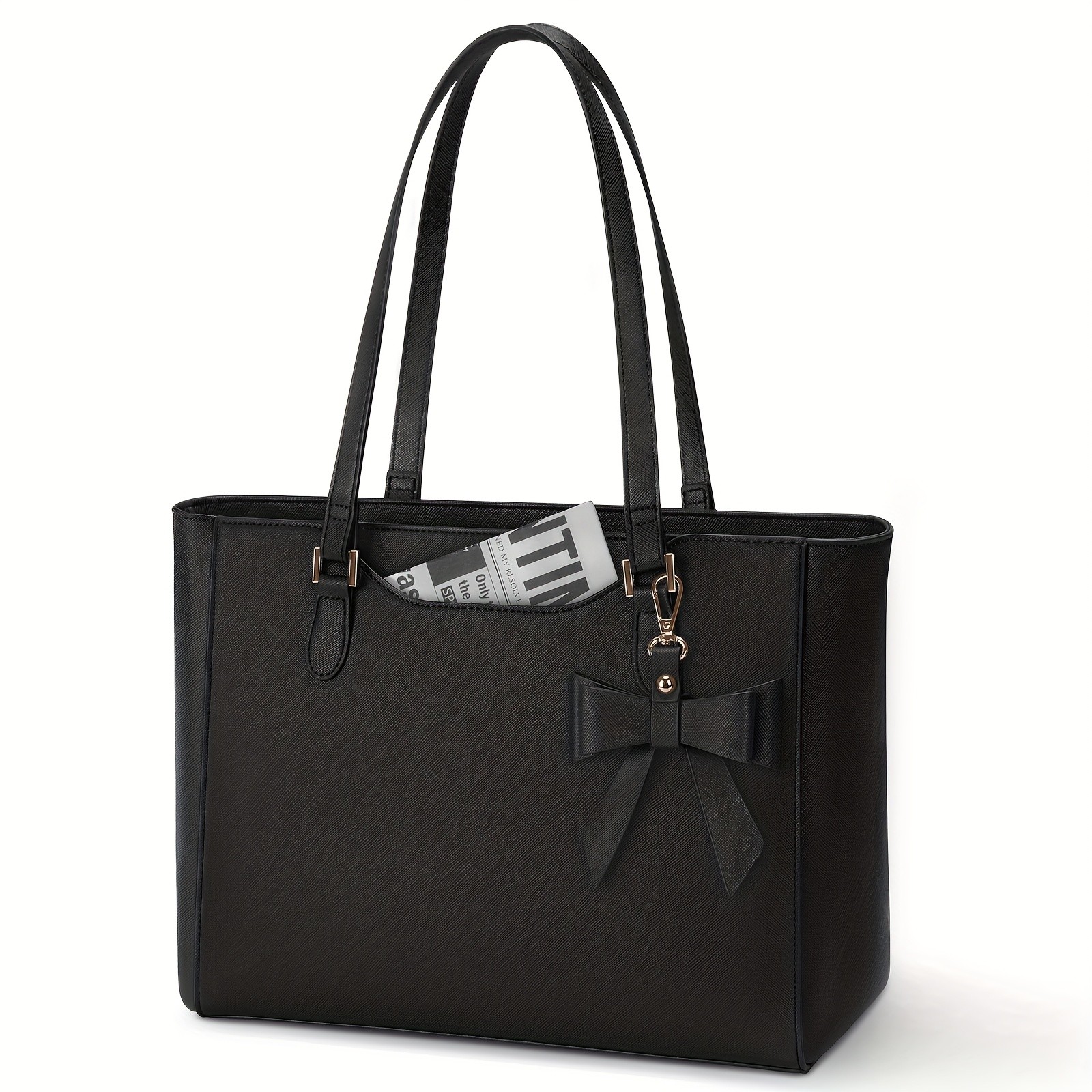 KTMOUW Womens Large Capacity Tote Bag 14-Inch Laptop Bag, Golden-Tone Hardware, Black Bow Accent, Zipper Closure