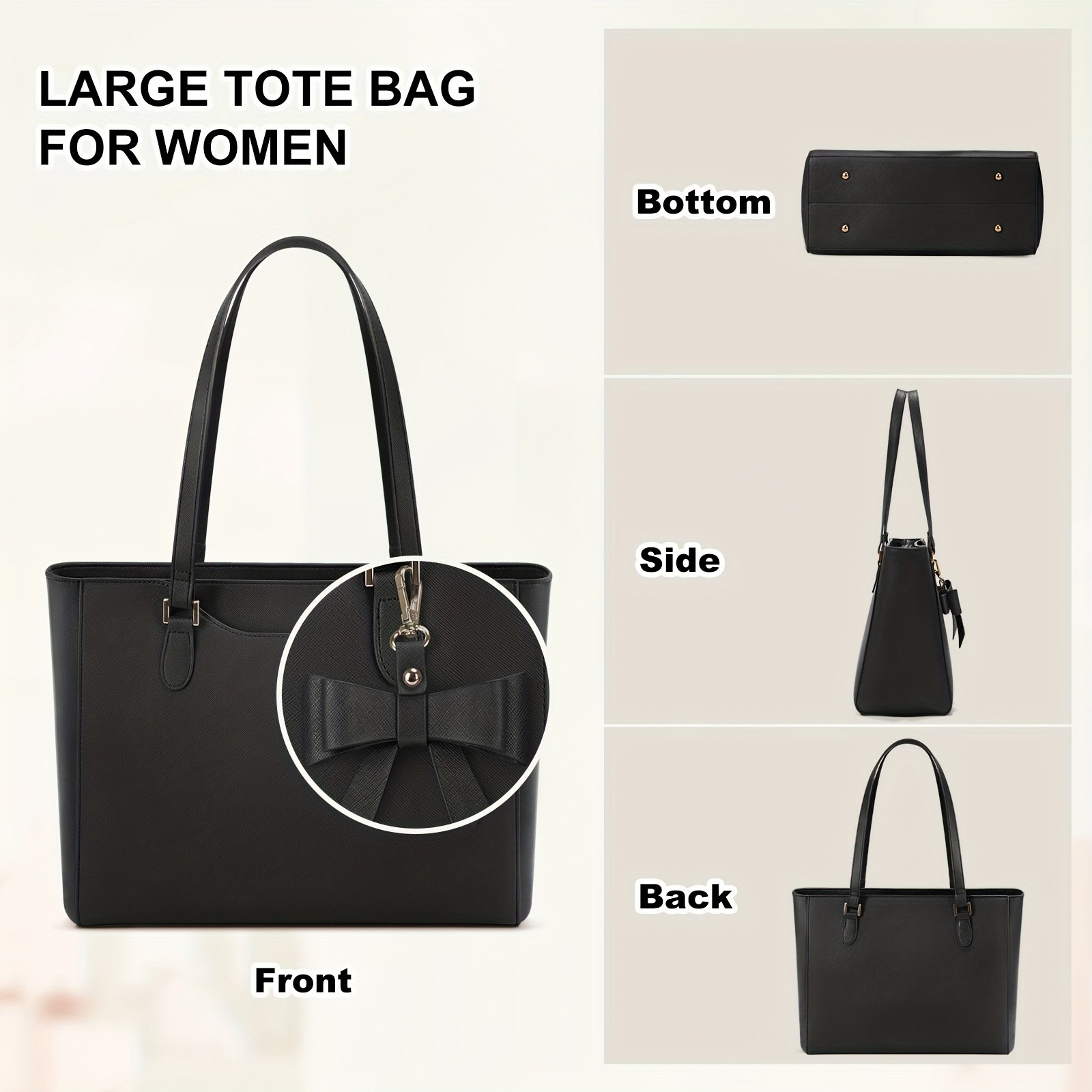 KTMOUW Womens Large Capacity Tote Bag 14-Inch Laptop Bag, Golden-Tone Hardware, Black Bow Accent, Zipper Closure