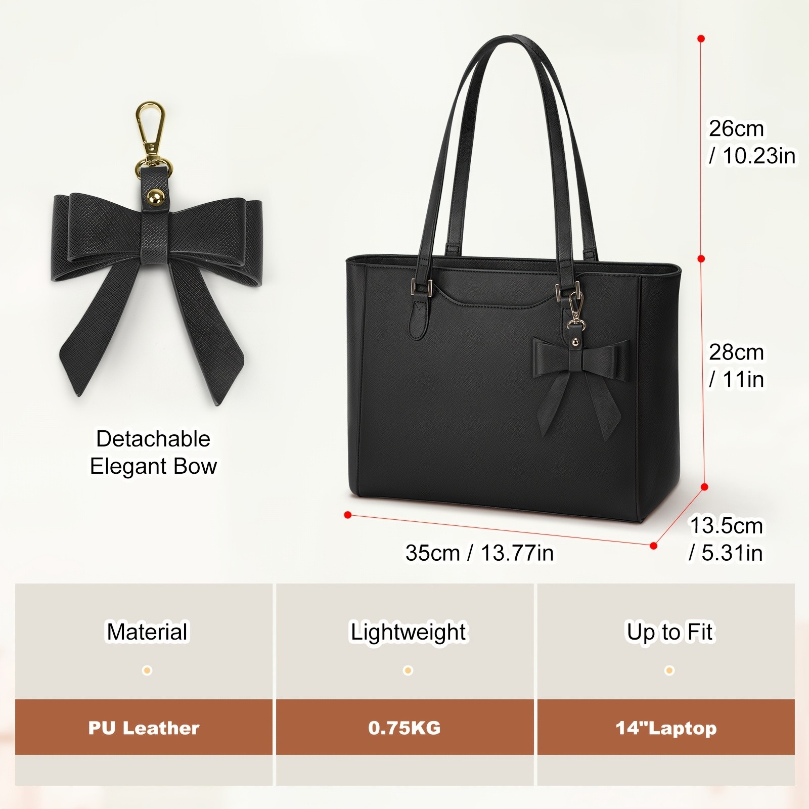 KTMOUW Womens Large Capacity Tote Bag 14-Inch Laptop Bag, Golden-Tone Hardware, Black Bow Accent, Zipper Closure