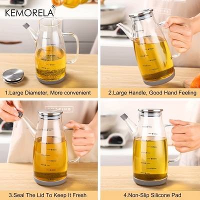 KEMORELA Glass Oil Dispenser with Stainless Steel Lid Leakproof, Non-Slip, and Perfect for Oil, Vinegar, and Salad Dressing