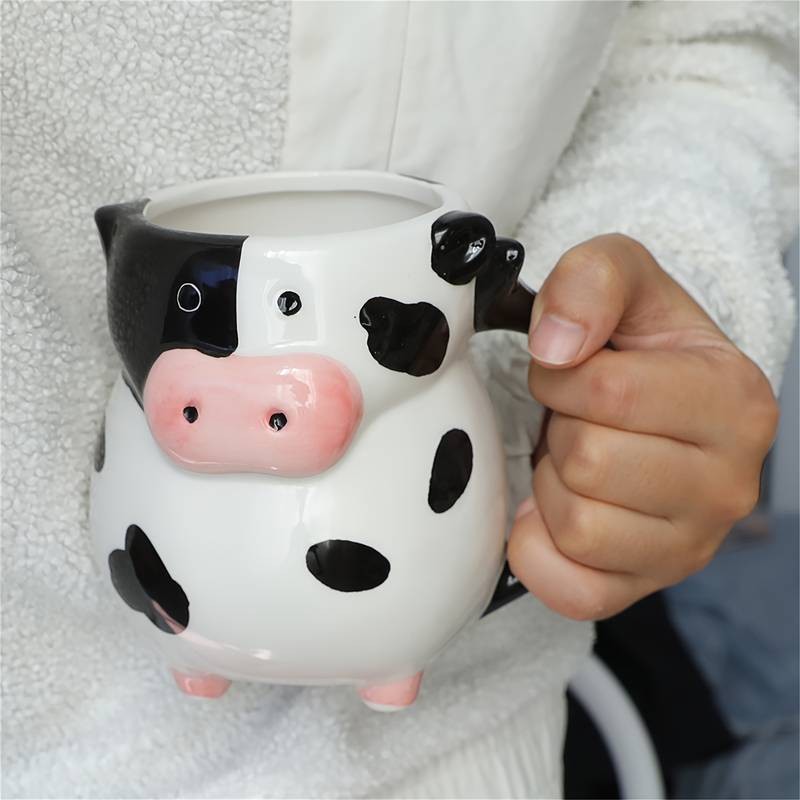 1pc Handmade Cow-Shaped Ceramic Mug with Black & White Cow & Pink Ears A Fun and Functional Gift for Animal Lovers