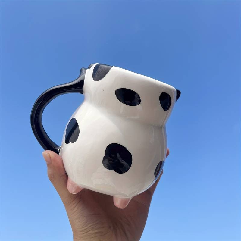 1pc Handmade Cow-Shaped Ceramic Mug with Black & White Cow & Pink Ears A Fun and Functional Gift for Animal Lovers