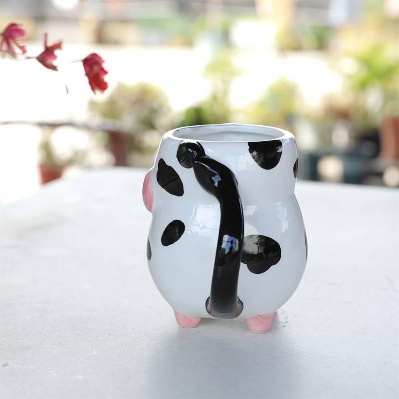 1pc Handmade Cow-Shaped Ceramic Mug with Black & White Cow & Pink Ears A Fun and Functional Gift for Animal Lovers