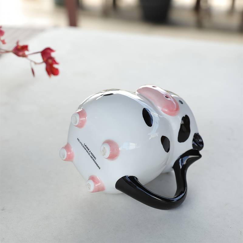 1pc Handmade Cow-Shaped Ceramic Mug with Black & White Cow & Pink Ears A Fun and Functional Gift for Animal Lovers