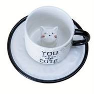 1pc 200ml/6.7oz Japanese Lovely Ceramic Hidden 3D Cat Inside Cup and Saucer A Whimsical and Practical Gift for Cat Lovers