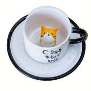 1pc 200ml/6.7oz Japanese Lovely Ceramic Hidden 3D Cat Inside Cup and Saucer A Whimsical and Practical Gift for Cat Lovers