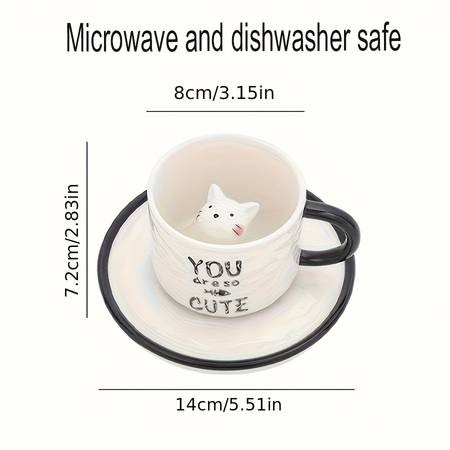 1pc 200ml/6.7oz Japanese Lovely Ceramic Hidden 3D Cat Inside Cup and Saucer A Whimsical and Practical Gift for Cat Lovers