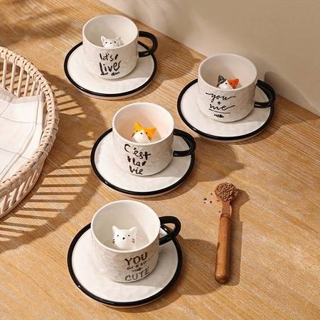 1pc 200ml/6.7oz Japanese Lovely Ceramic Hidden 3D Cat Inside Cup and Saucer  A Whimsical and Practical Gift for Cat Lovers