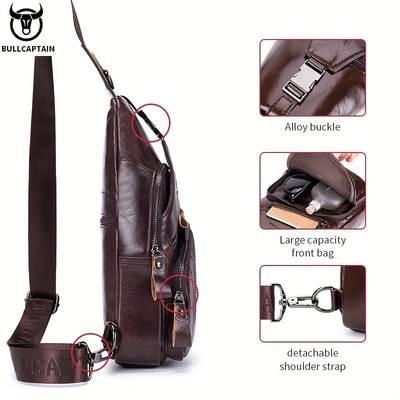 BULLCAPTAIN Mens Genuine Leather Chest Bag Durable & Hands-Free Design for Modern Adventurers