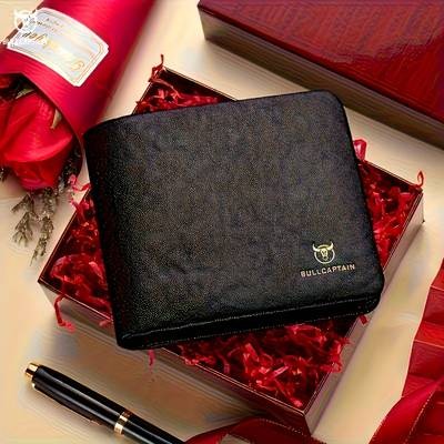 Customizable Mens Genuine Leather Wallet Elegant Business Style with Golden Embossed Logo, Large Capacity for Cards & Cash