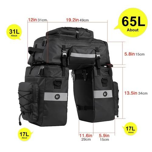 Rhinowalk 65L Large Capacity 3-in-1 Bicycle Pannier Bag Adjustable Straps, Multiple Compartments, and Side Pouch for Bikepacking & Commuting