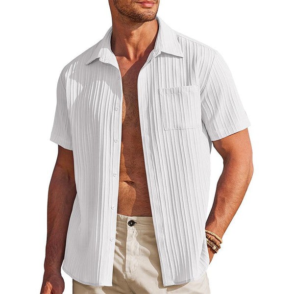 Men's Casual Cotton Linen Shirt with Pleated Lapel - Short-Sleeved, Loose Fit - Style
