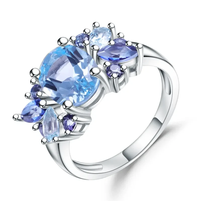 S925 Sterling Silver Natural Topaz Gemstone Ring  Elegant Blue Statement Jewelry