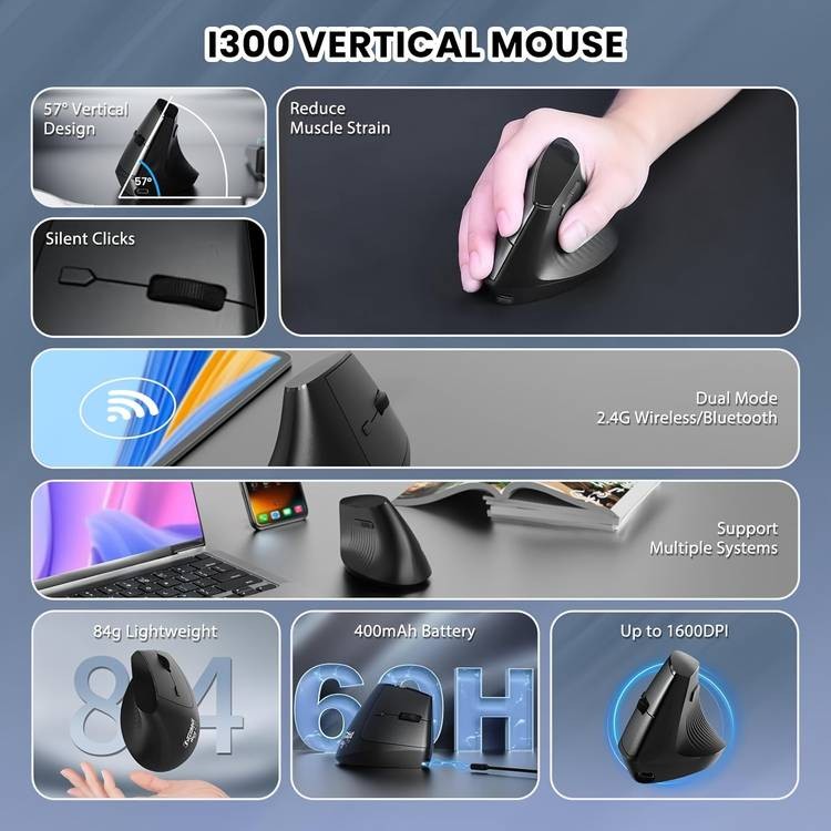 AJAZZ I300 Vertical Optical Mouse Dual Wireless, Ergonomic, and Rechargeable