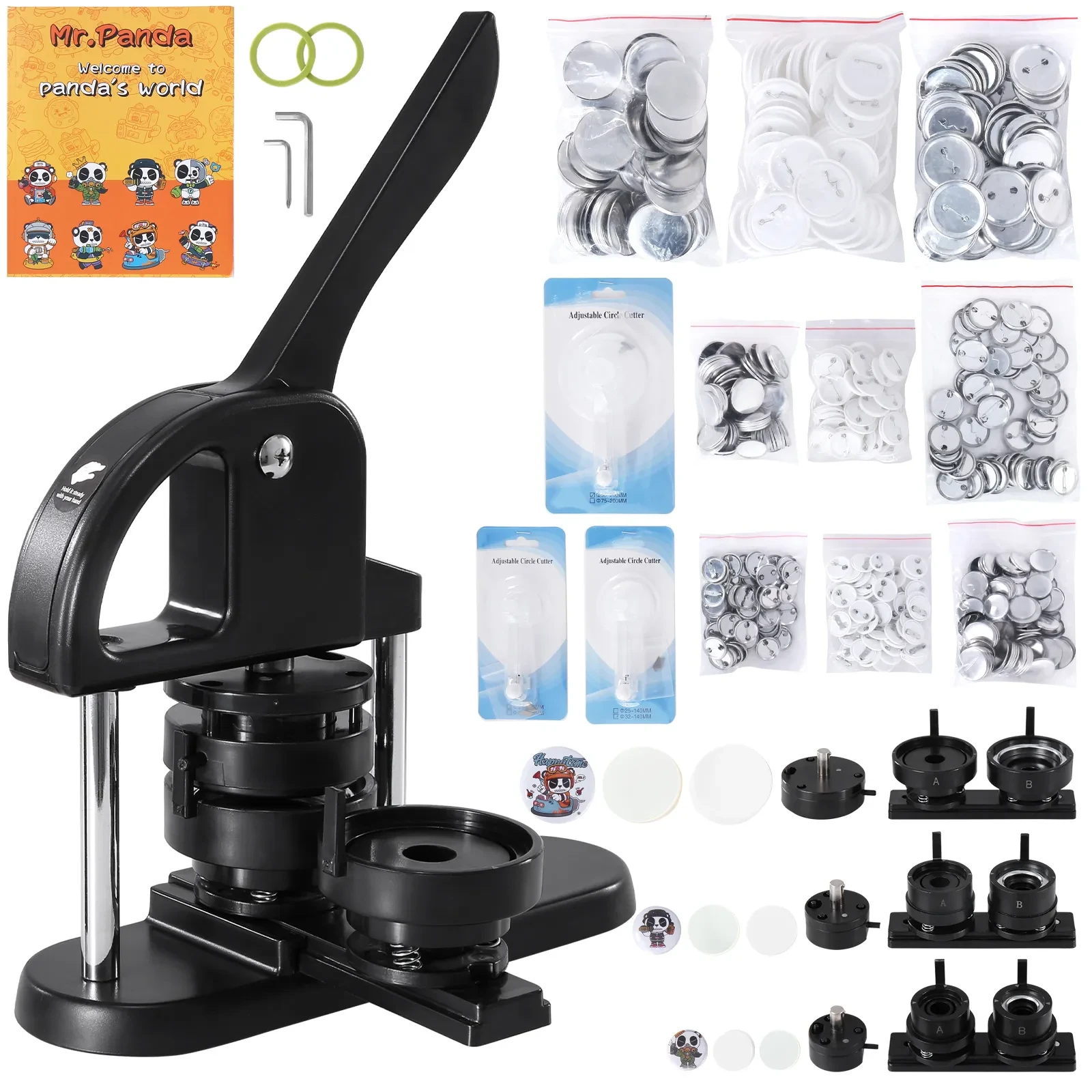 VEVOR Button Maker, 3-IN-1 Pin Maker, With 300pcs Button Parts, Button Maker Machine With Panda Magic Book, Ergonomic Handle Punch Press Kit, For Children DIY Gifts
