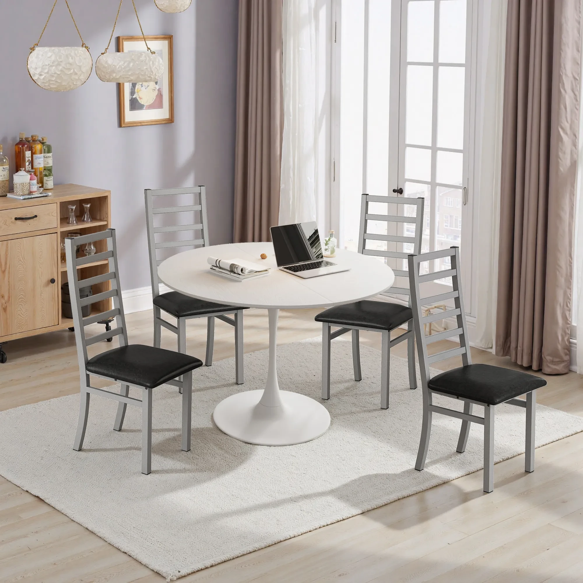 Metal Dining Chairs Set Of 4, Steel Legs And PU Leather Seats, High Back Armless Dining Chairs, For Kitchen, Living Room, Grey