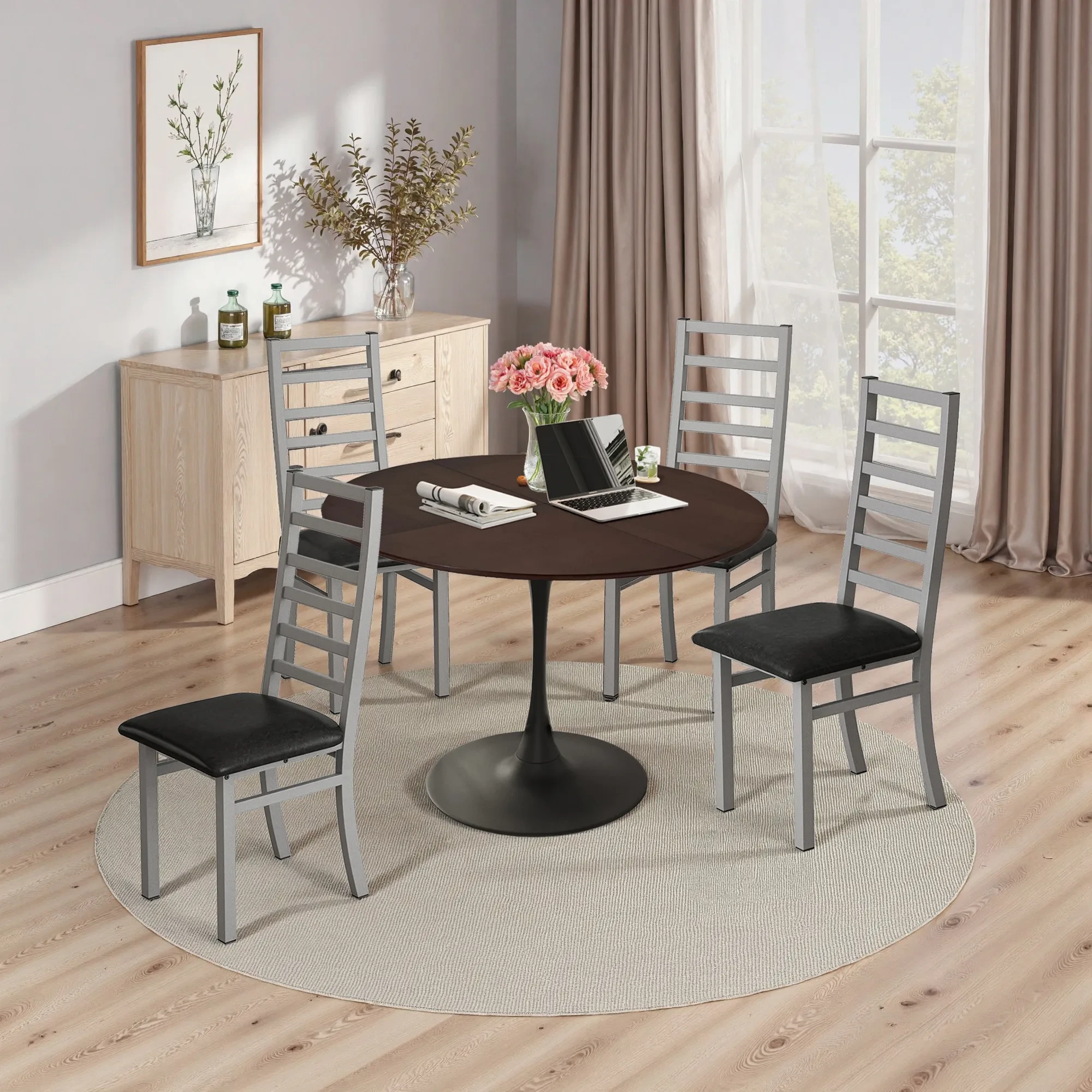 Metal Dining Chairs Set Of 4, Steel Legs And PU Leather Seats, High Back Armless Dining Chairs, For Kitchen, Living Room, Grey
