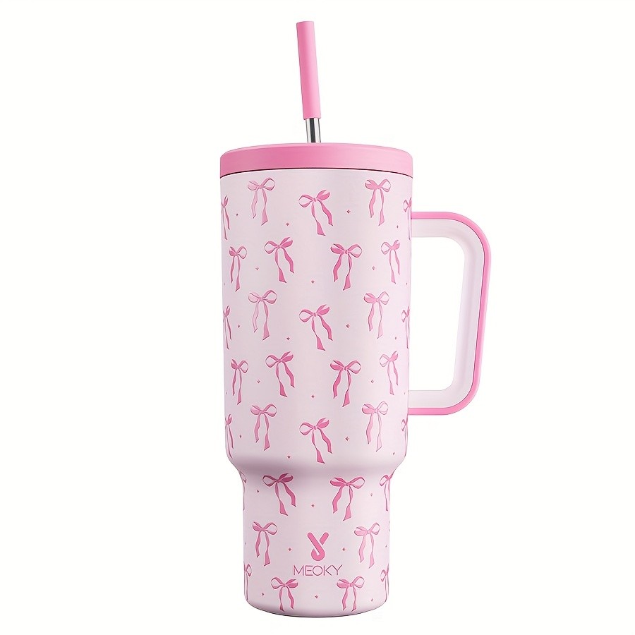 MEOKY 40oz Stainless Steel Round Handle Cup with Leopard Print and Snowflake Design