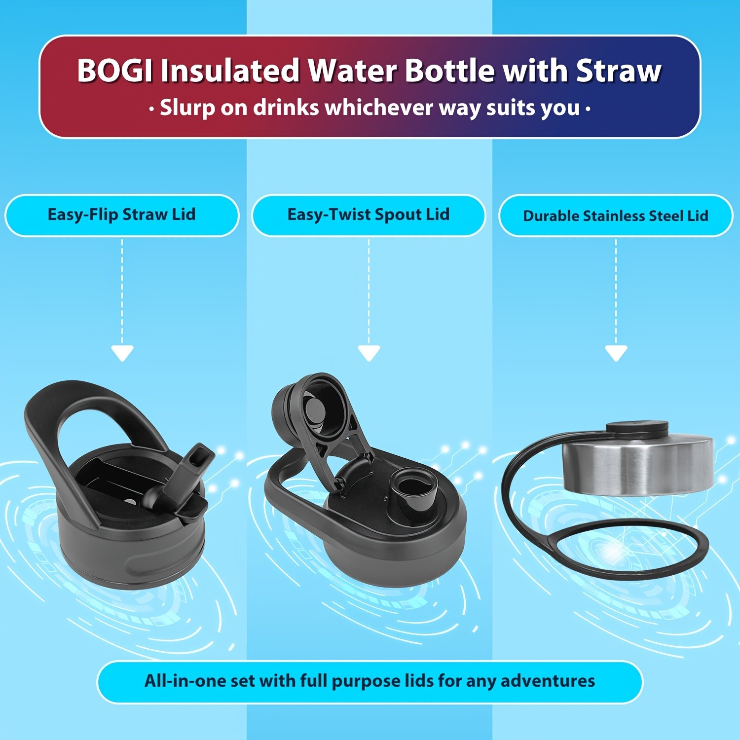 BOGI 32oz Insulated Stainless Steel Water Bottle with Straw & 3 Lids