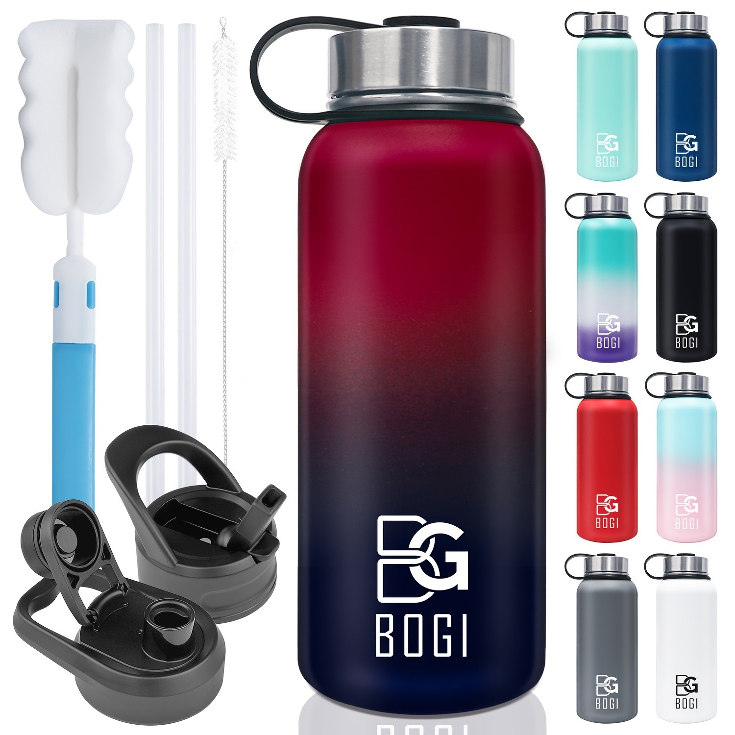 BOGI 32oz Insulated Stainless Steel Water Bottle with Straw & 3 Lids