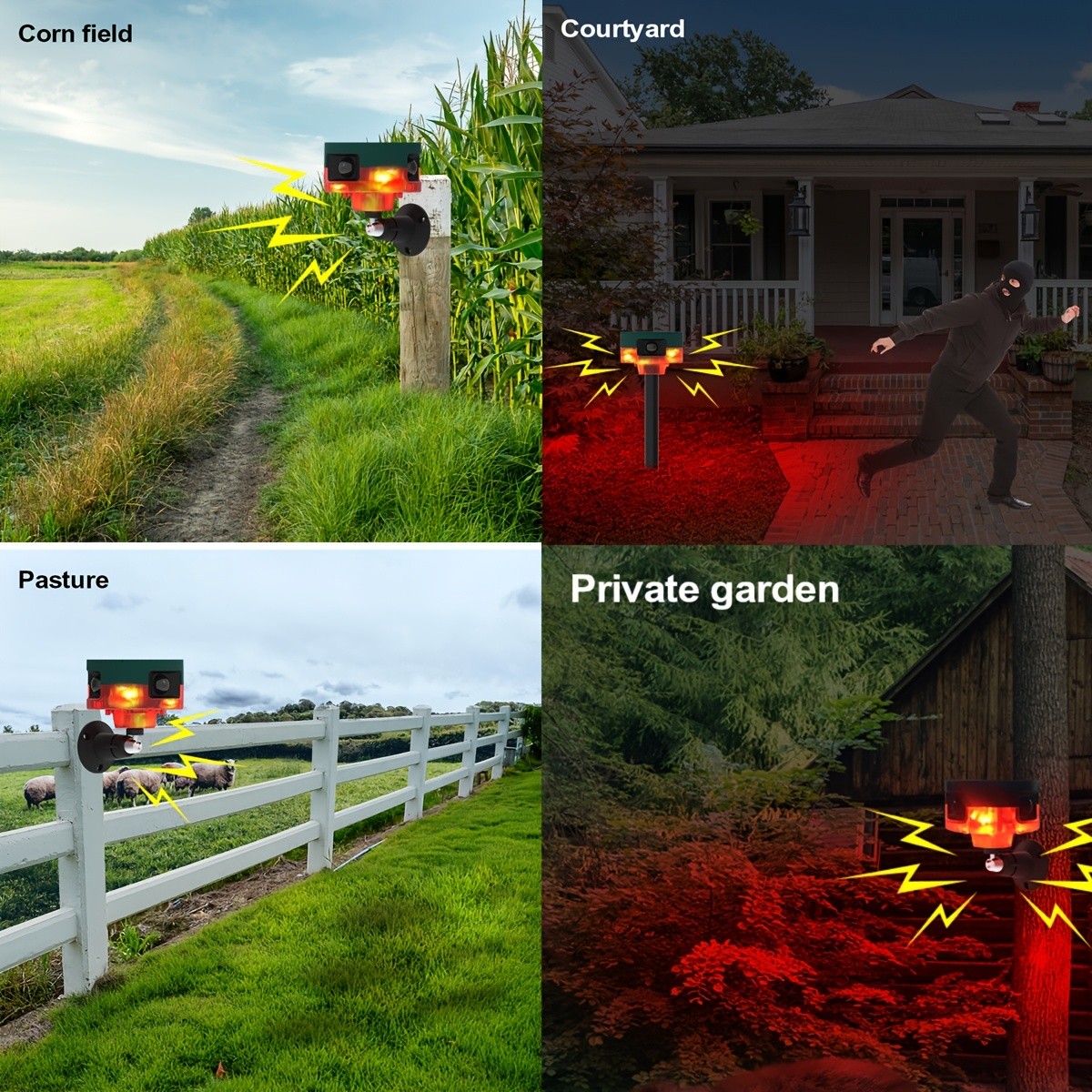 RUOCIN 360-Degree Solar Animal Repeller with 13 Built-In Effects and Recording Function