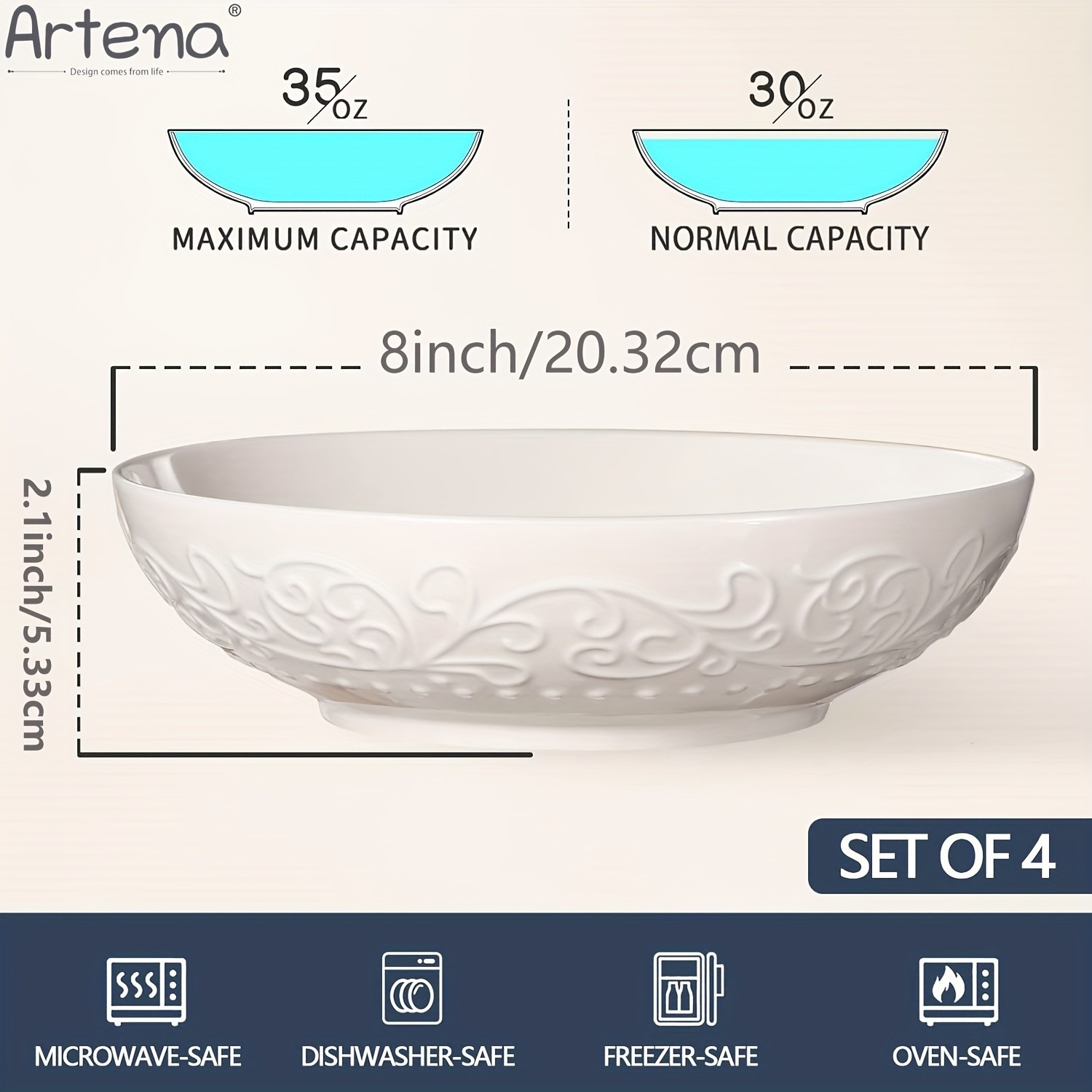 ARTENA 4pcs Floral Ceramic Bowls Set