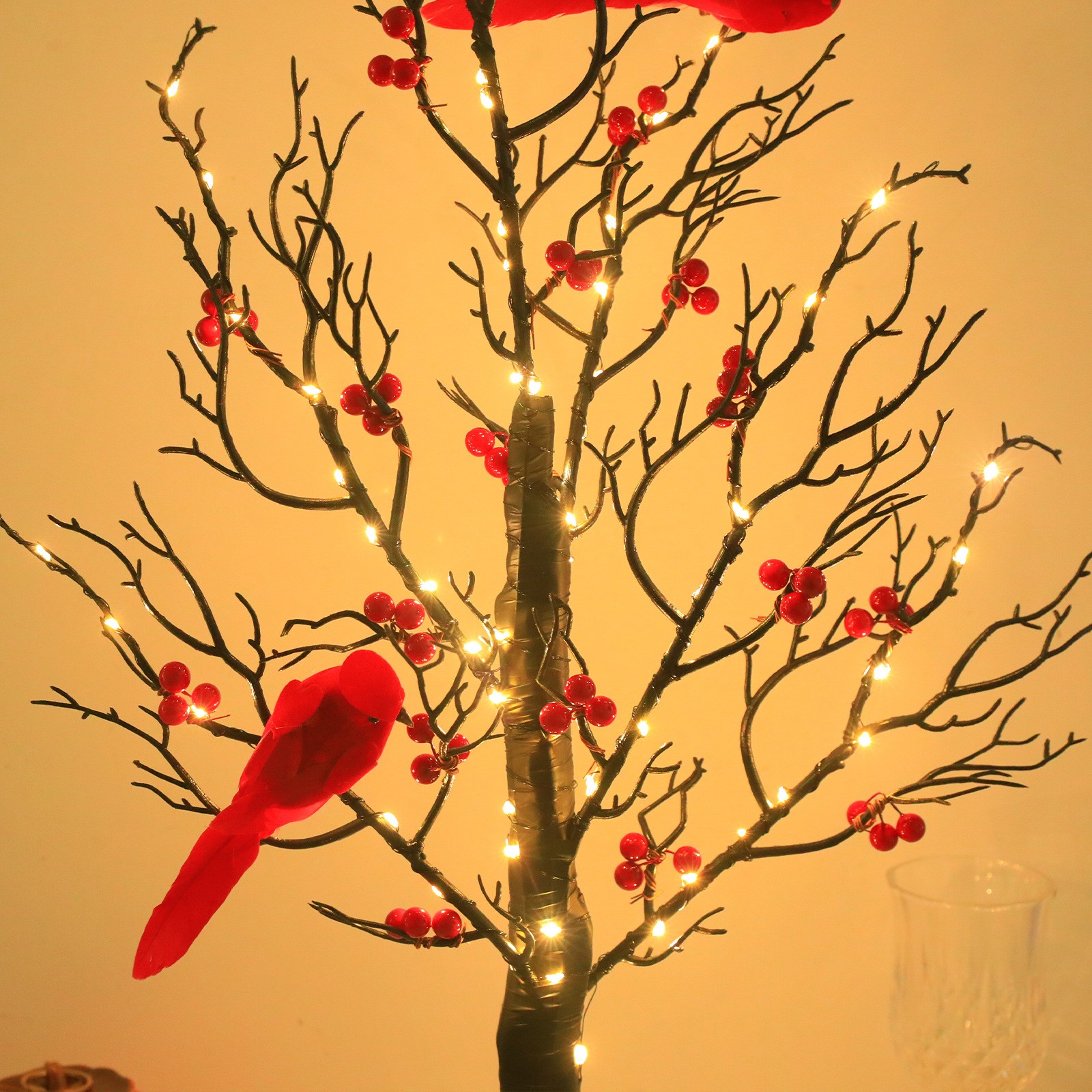 Lighted Mini Birch Tree Light with LED Cardinals