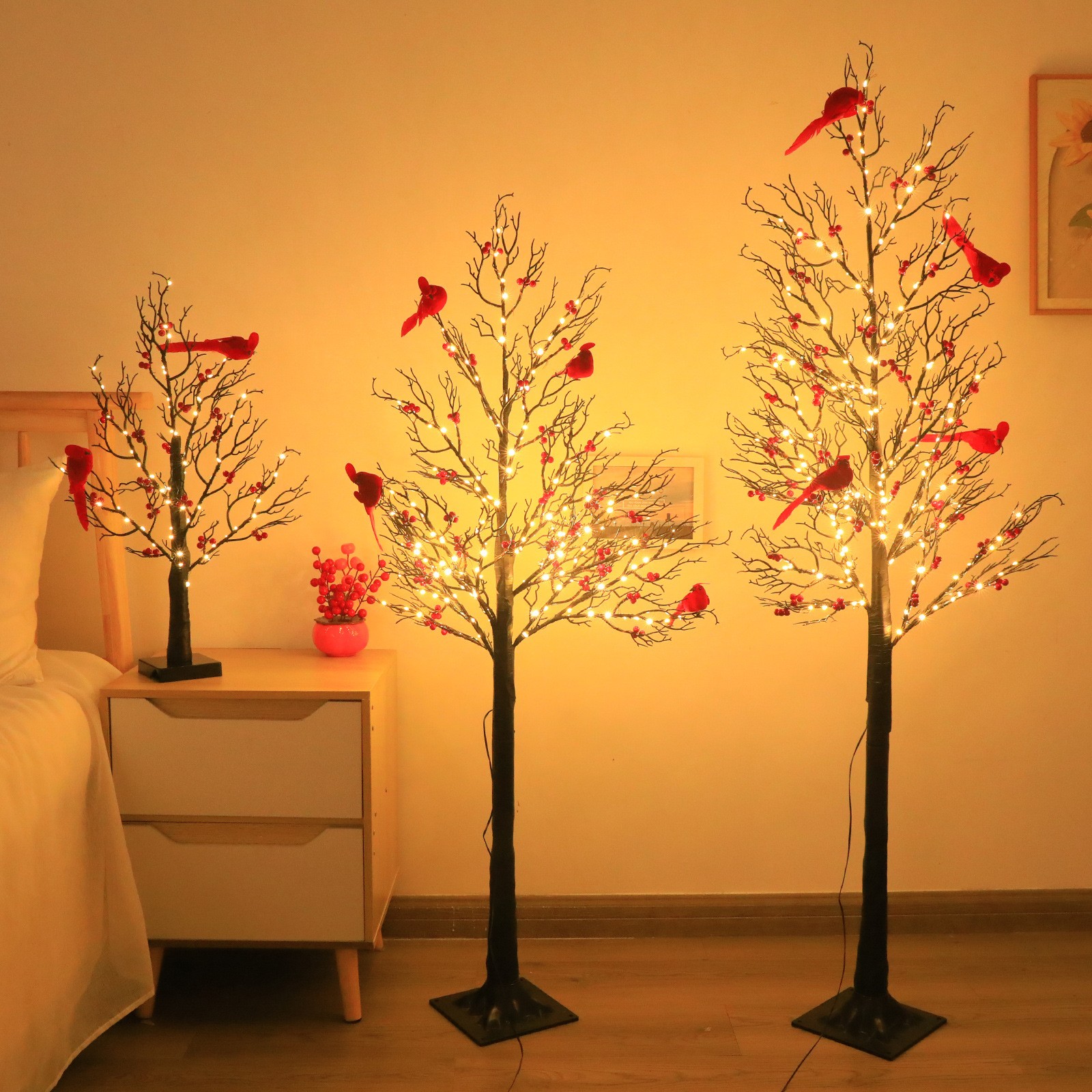 Lighted Mini Birch Tree Light with LED Cardinals