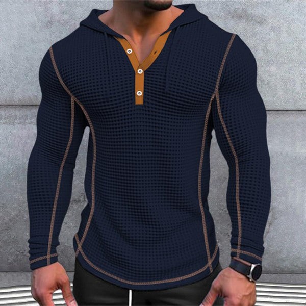 Men's Waffle-Knit Hoodie - Casual Long Sleeve Solid Color Sweatshirt