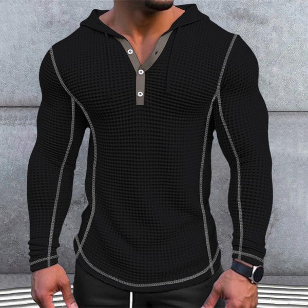Men's Waffle-Knit Hoodie - Casual Long Sleeve Solid Color Sweatshirt