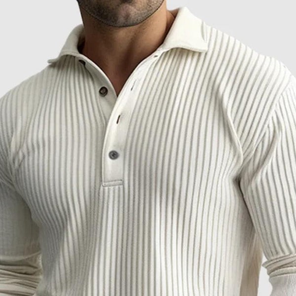 Men's Long Sleeve Polo Shirt - Stylish Solid Striped Lapel Design