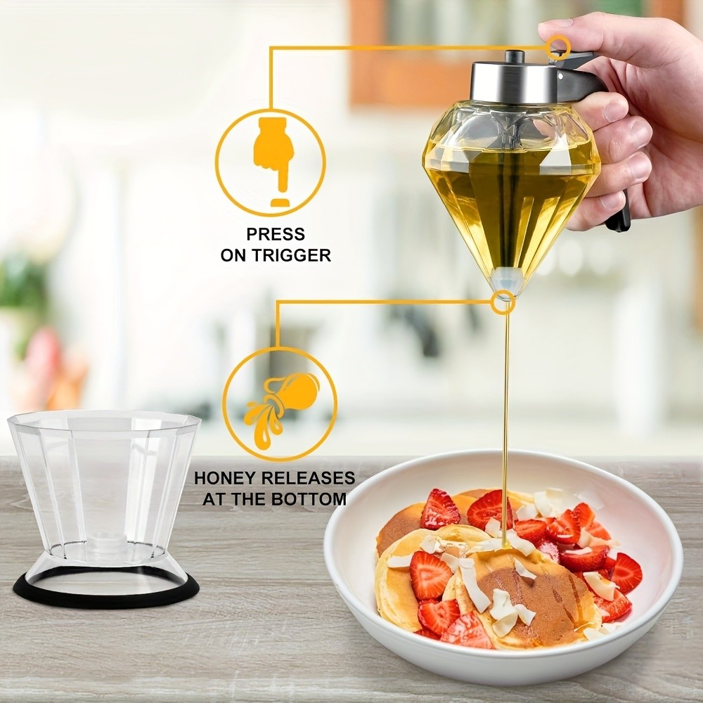 TUOGTCI Glass Honey Syrup Oil Dispenser with Brushed Metal Handle & Non-Slip Base