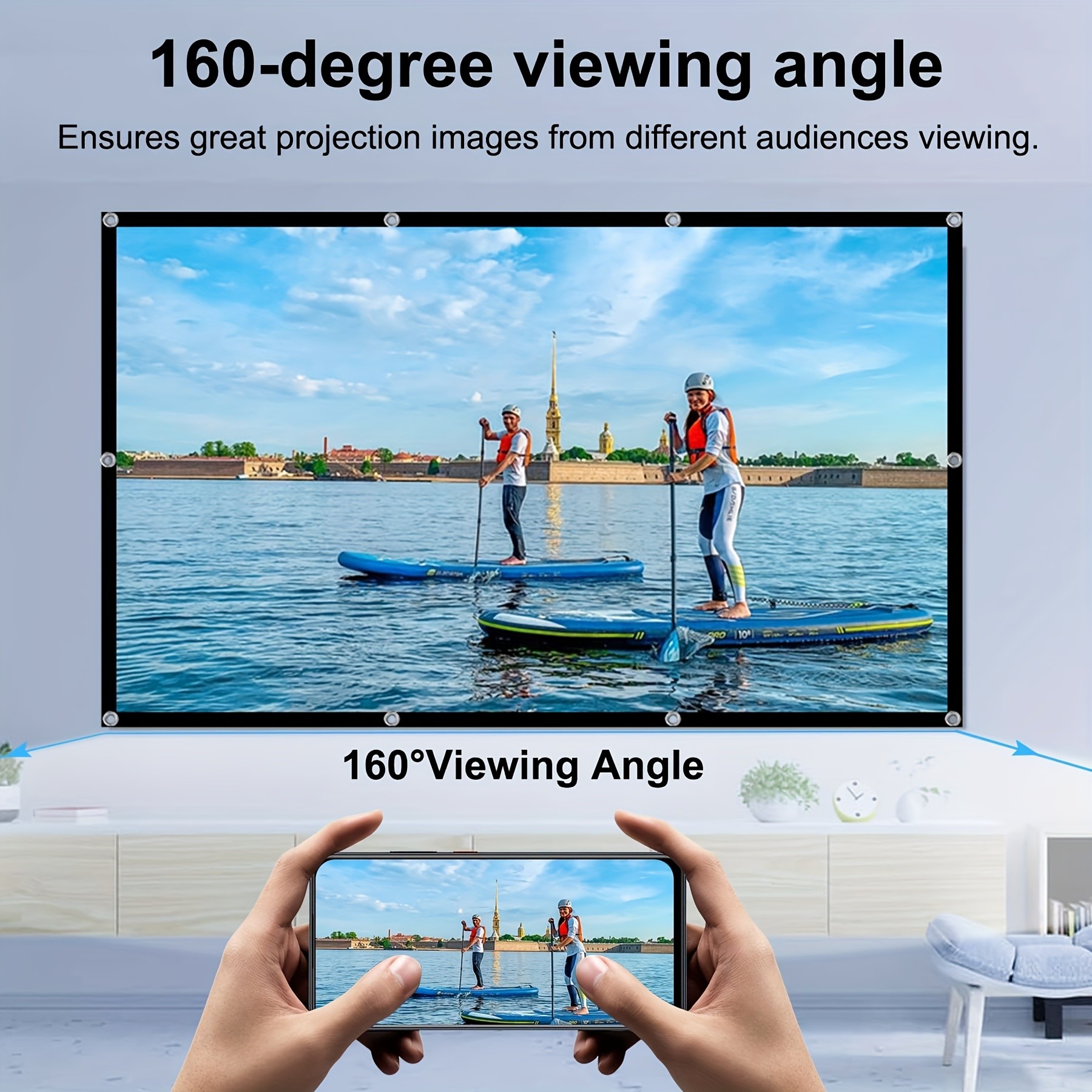 TUOGTCI 100-Inch 4K Ultra HD Portable Projector Screen with Hooks & Ropes