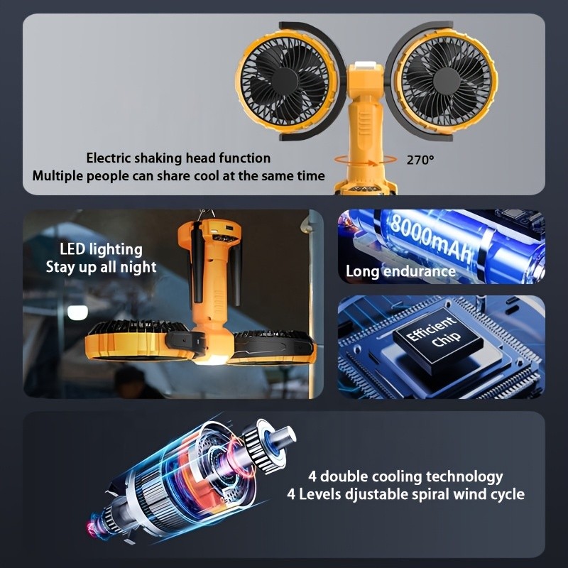 Anirun Dual-Head Oscillating Outdoor Fan with Built-In Power Bank