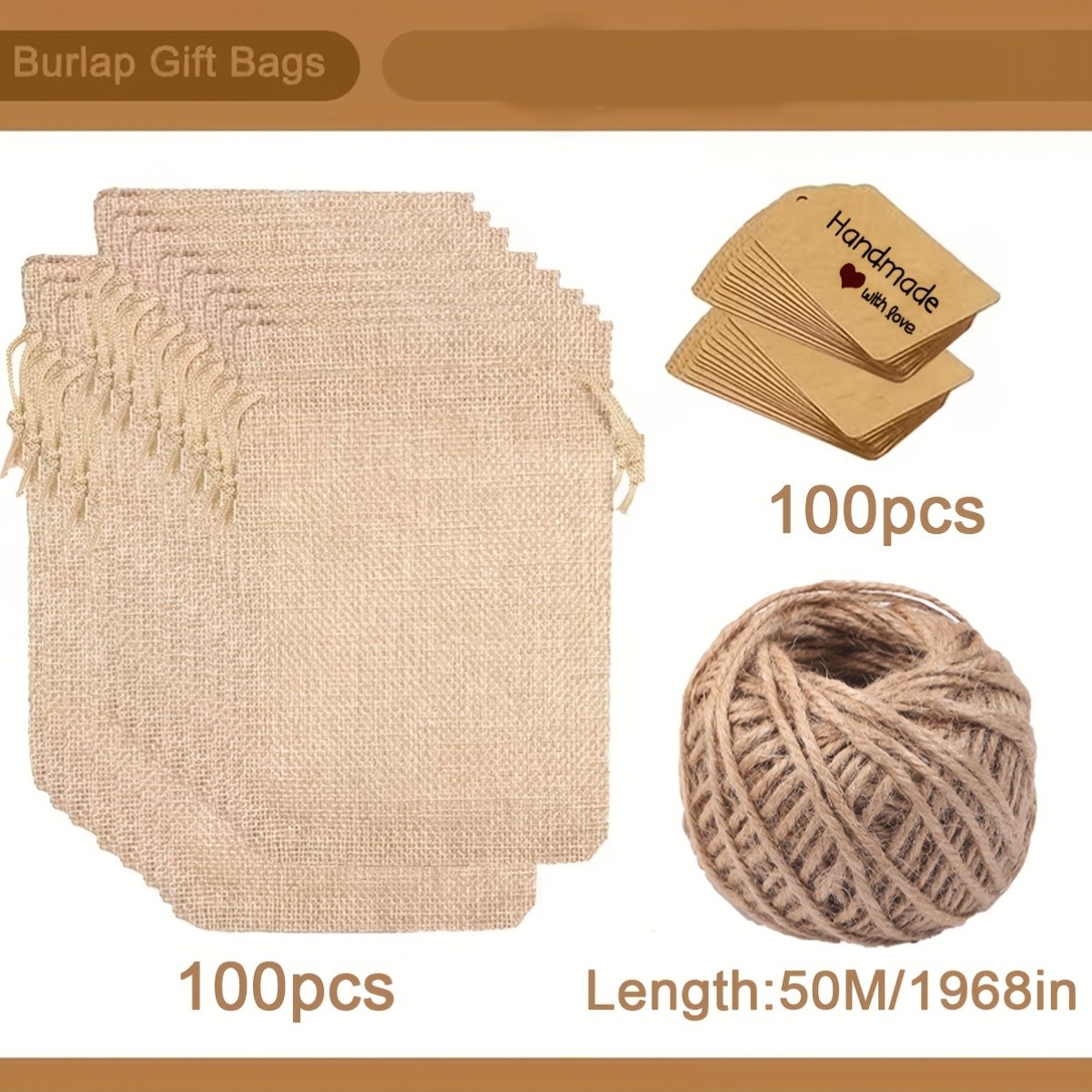 100pcs Hemp Rope Bags with 50M/roll Hemp Rope and 100pcs Card Labels