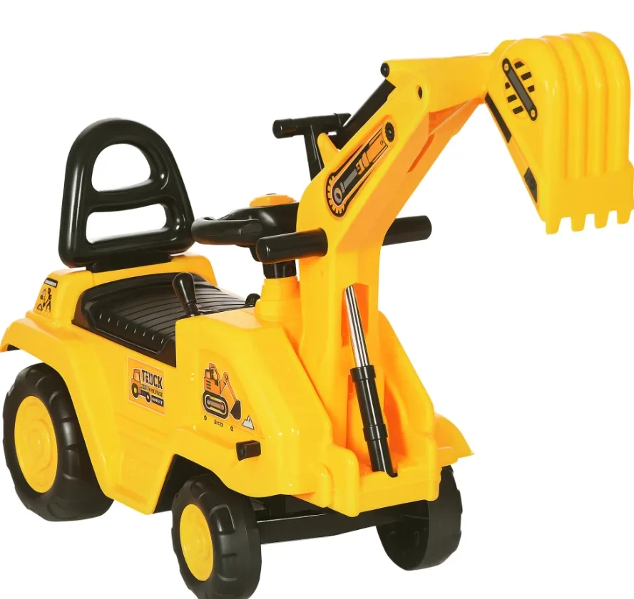 3-in-1 Ride On Excavator Digger Scooter & Pulling Cart, Construction Pretend Play Toy For Kids